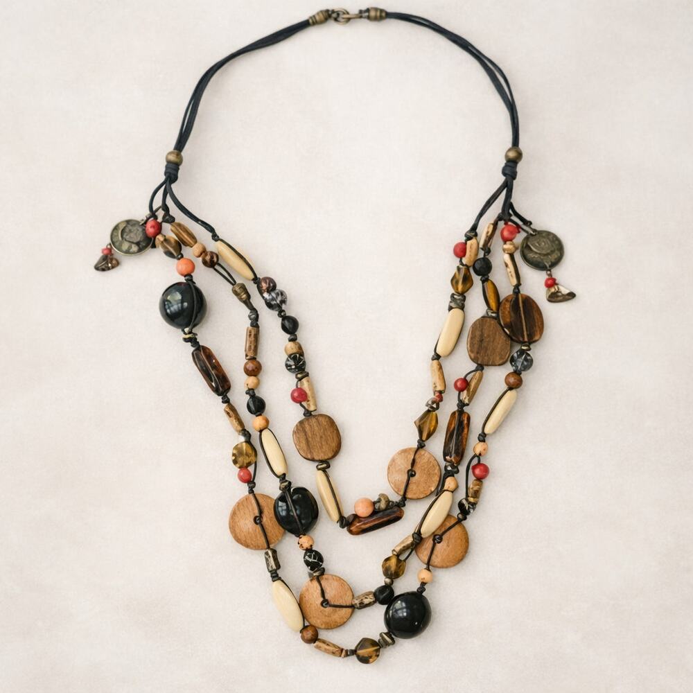 Chico’s Vintage 3-Strand Beaded Necklace Boho Earth Tone Statement Jewelry